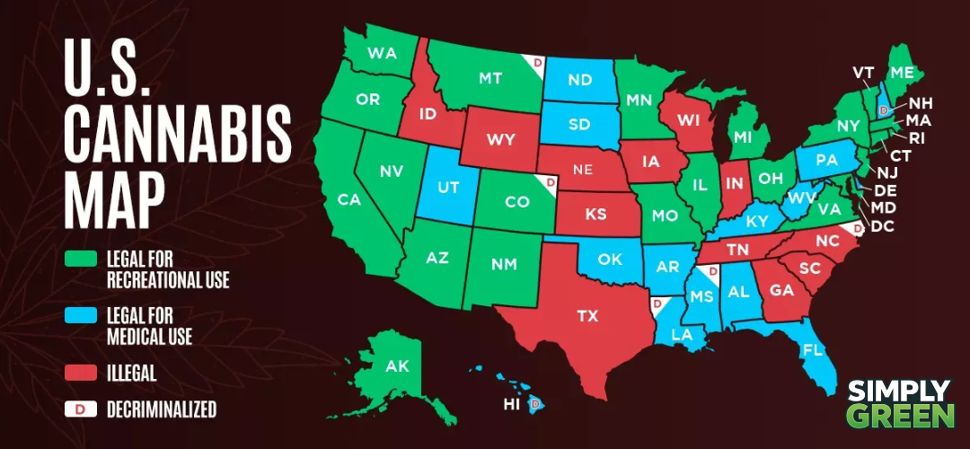 Illustrative map of U.S. state cannabis program statuses
