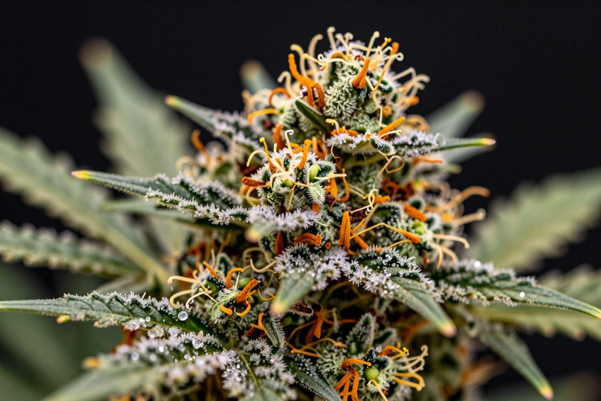 Close-up of premium cannabis flower with dense trichome coverage